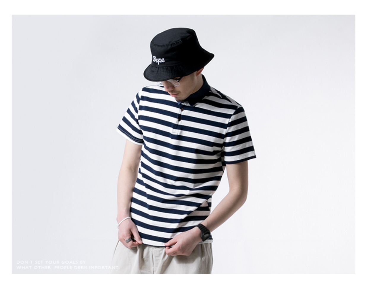 Kurokawa Mountain Summer New Tee Nhật Bản Áo thun sọc nam Giới tay áo ngắn Slim Tide Men Cotton đứng cổ áo thun áo polo