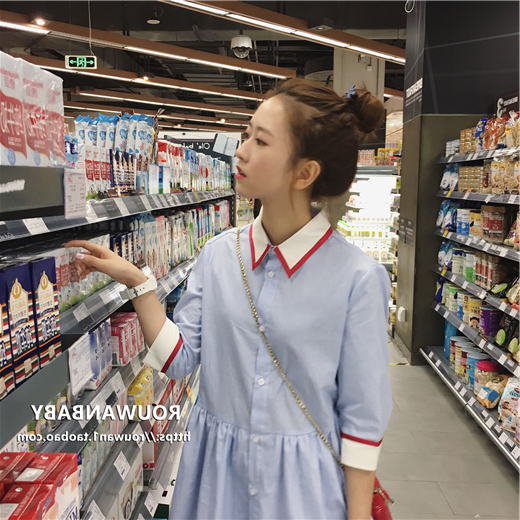 VK旗艦店 韓國學院風襯衫條紋素色顯瘦長袖洋裝