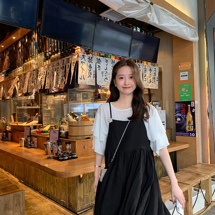 VK旗艦店 韓系小清新喇叭荷葉袖吊帶套裝短袖裙裝