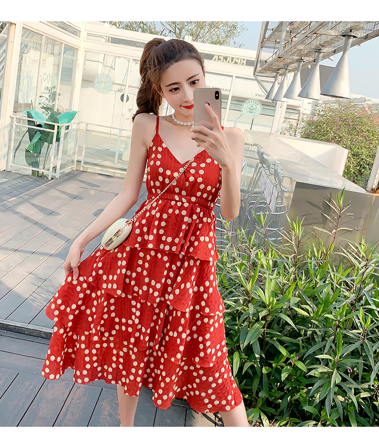 DABI 韓國風名媛細肩帶波點蛋糕v領時尚無袖洋裝 DABI 韓國風名媛細肩帶波點蛋糕v領時尚無袖洋裝