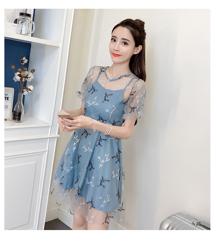 VK旗艦店 韓國風超仙甜美初戀溫柔仙女長裙網紗拼接短袖洋裝