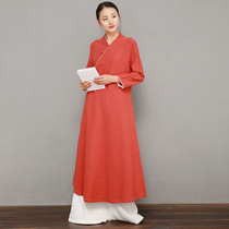 Red dust-Chinese style retro Buddhist tea suit Zen suit Autumn and winter thickened velvet double linen cotton coat dress