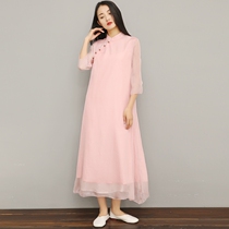 Shaohua style cotton and hemp tea dress Womens summer retro Zen tea man suit Meditation suit Chinese style Cheongsam modified dress