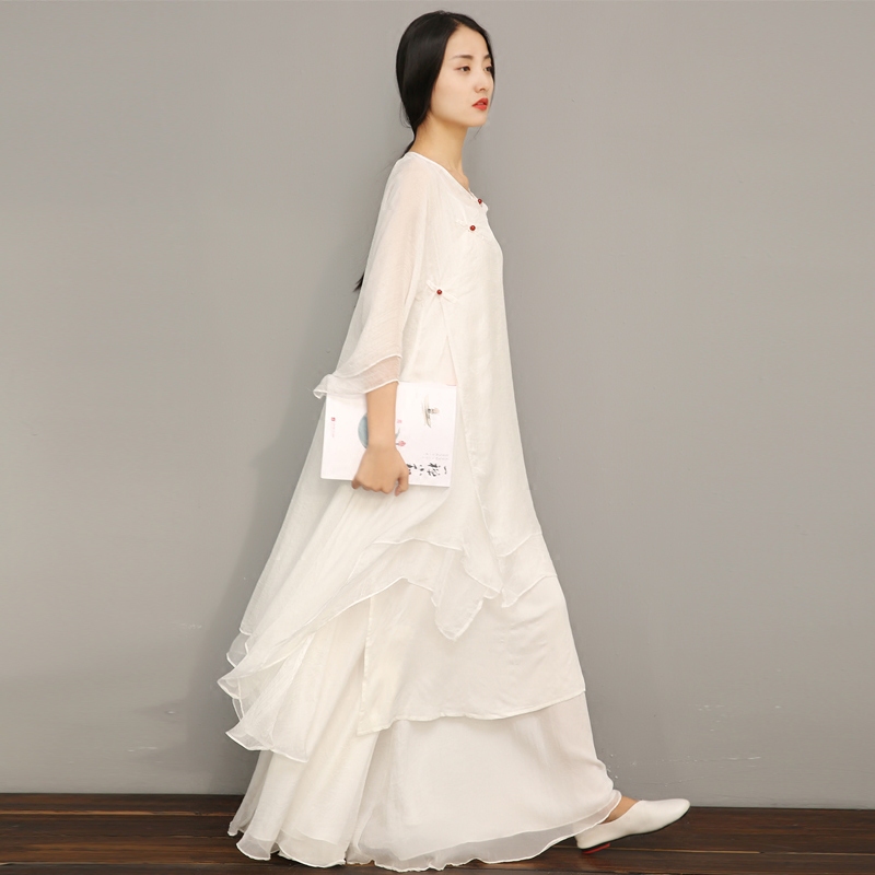 Qingyang Chinese Style White Zen Meditation Dance Clothing Women's Hanfu Artistic Loose Mid-Length Dress Two-Piece Set