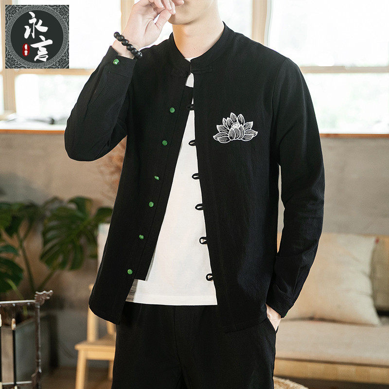 Autumn linen shirt men's China split retro long sleeve large size inch shirt youth loose embroidered Tang gown