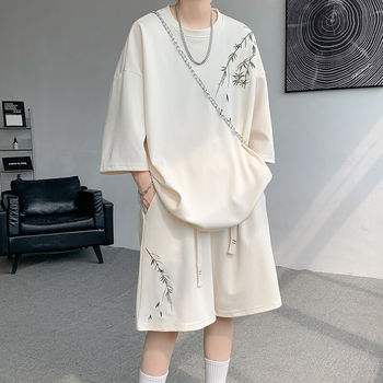 New Chinese-Style Embroidered Short-Sleeve T-Shirt for Men, Summer Thin Large-Size Half-Sleeve Shorts Set, Loose Fit T-Shirt Set