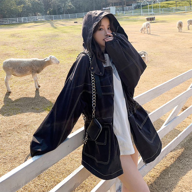 South Korea Small Subnets Red Overalls Jacket Woman Autumn Loose Collection Waist Display Slim Chic Medium Long Version Harbor Wind Blouse