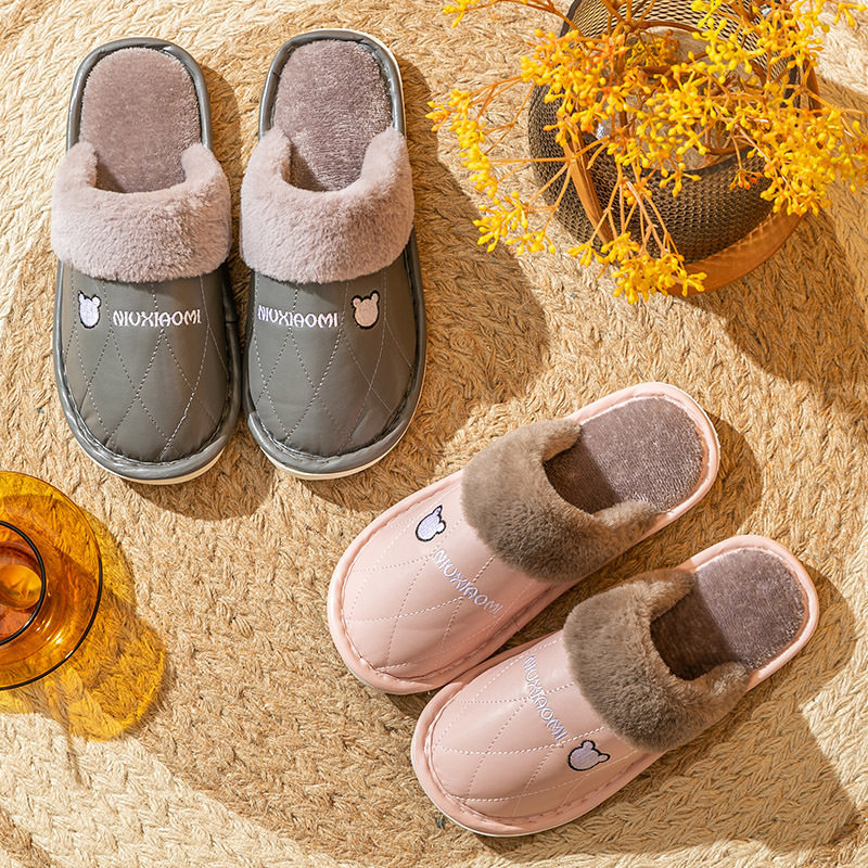 Cotton slippers women's household autumn and winter men's cotton shoes wool slippers plush couple indoor thick bottom non-slip leather warm shoes