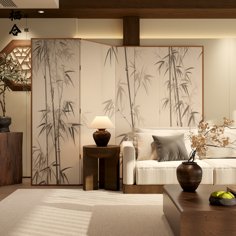 Song Dynasty Aesthetic Style Ink Bamboo Screen Partition for Living Room Entrance, Home Tea Room, Solid Wood Foldable Movable Background Wall
