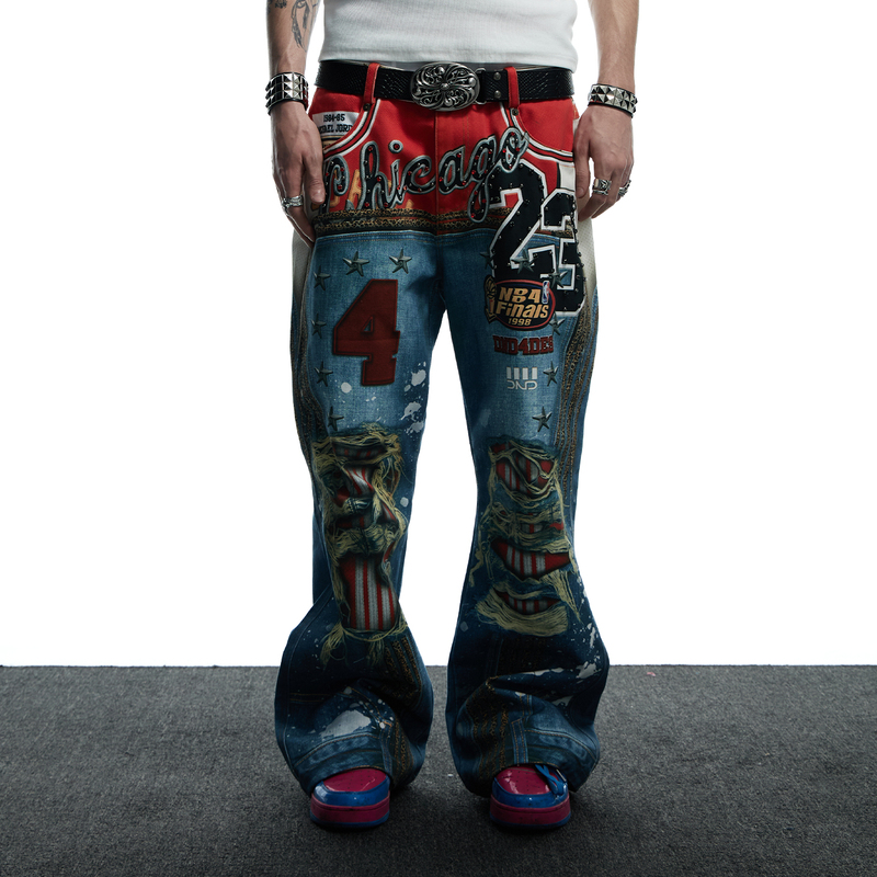Dnd4Des Wang Shulong's Same Style Original American 3D Printed Leopard Print Ripped Straight-Leg Flared Jeans Trousers