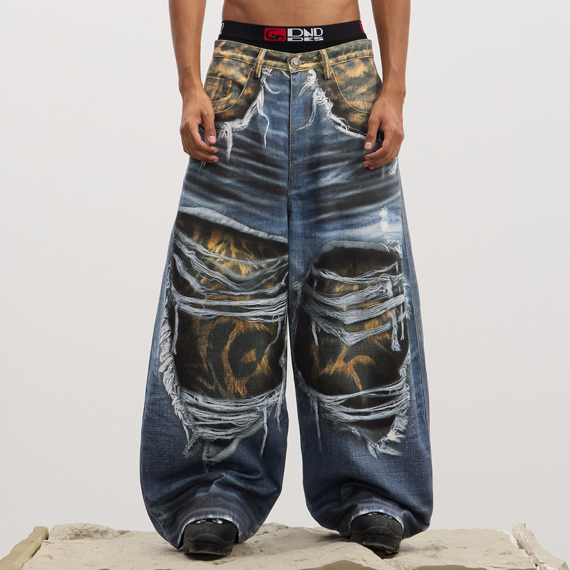 Dnd4Des Zhu Zhixin's Same Style American Leopard Print Washed Knife-Cut Distressed Ripped Printed Scimitar Baggy Jeans