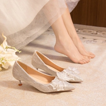 Small square studio French womens stiletto 2024 new temperament rhinestone bow main wedding dress crystal bridal shoes
