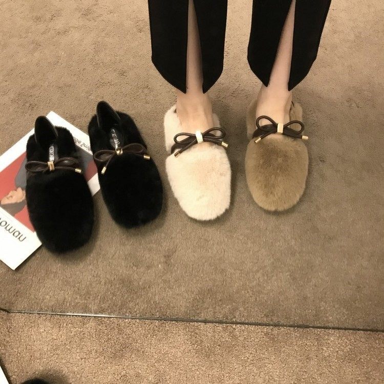 ITSK wool shoes women's autumn and winter outer wear lamb wool bow lazy two wear beanie shoes