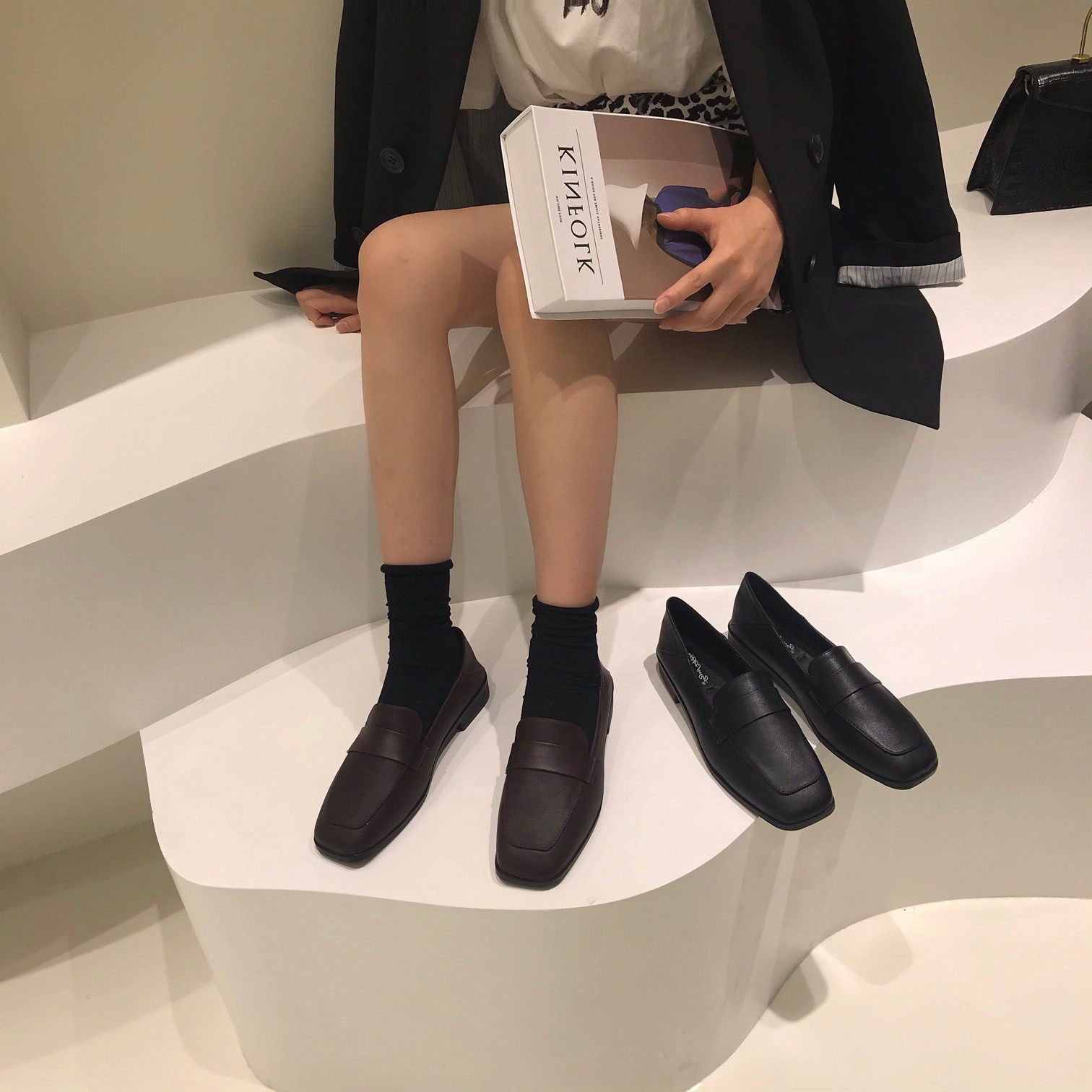 ITSK shoes children Lefu shoes retro square head low heel black Inn wind small leather shoes single shoes