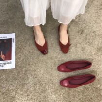 ITSK Shoes Women Single Shoes Retro Square Head Light Mouth Coarse heel Soft bottom wine red bean Bean Shoes Wedding Shoes