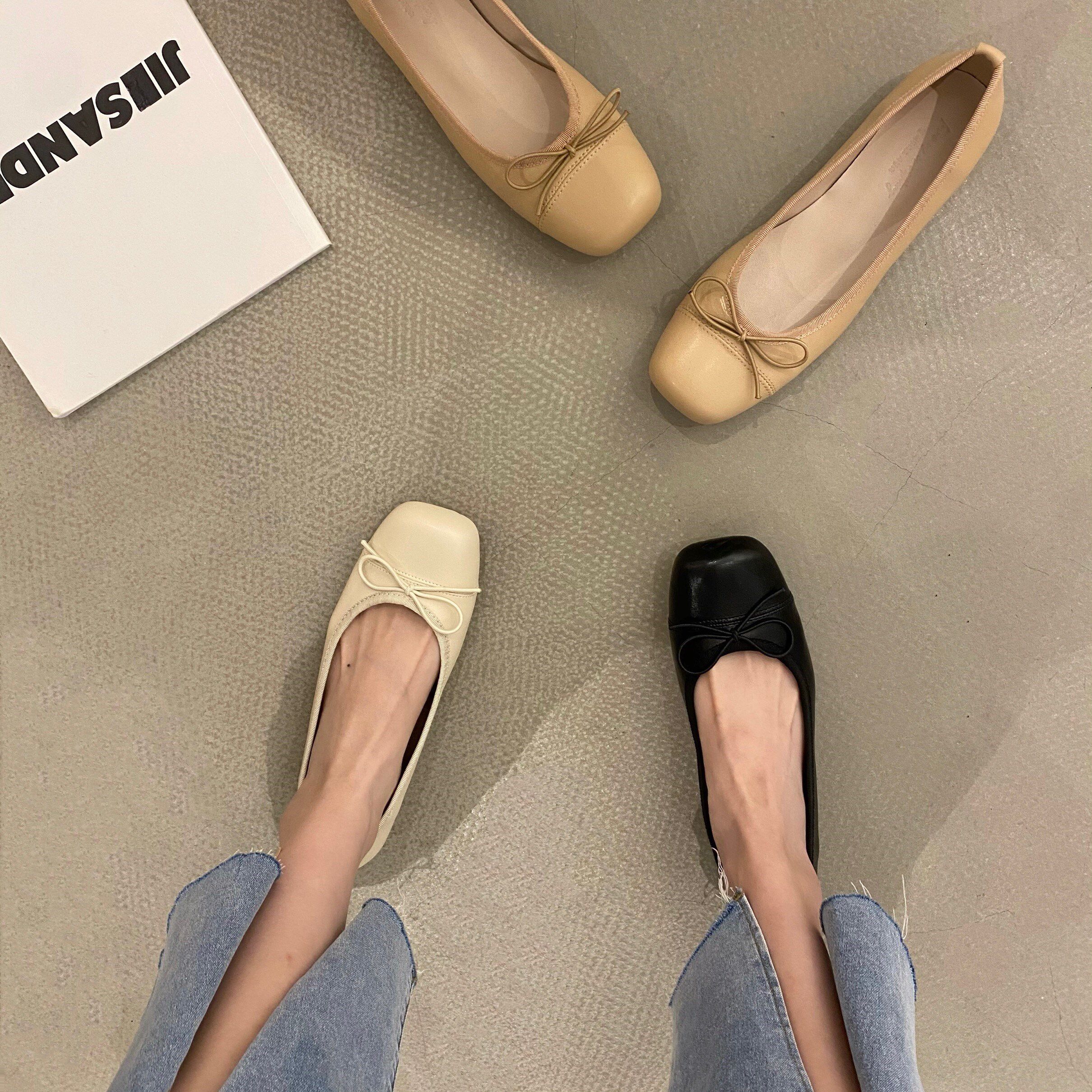 ITSK shoes women's single shoes square toe shallow mouth soft sole bow black gentle scoop shoes grandma shoes