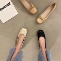 ITSK shoes womens single shoe square head shallow mouth soft bottom butterfly knot black gentle ladyshoe grandma shoes