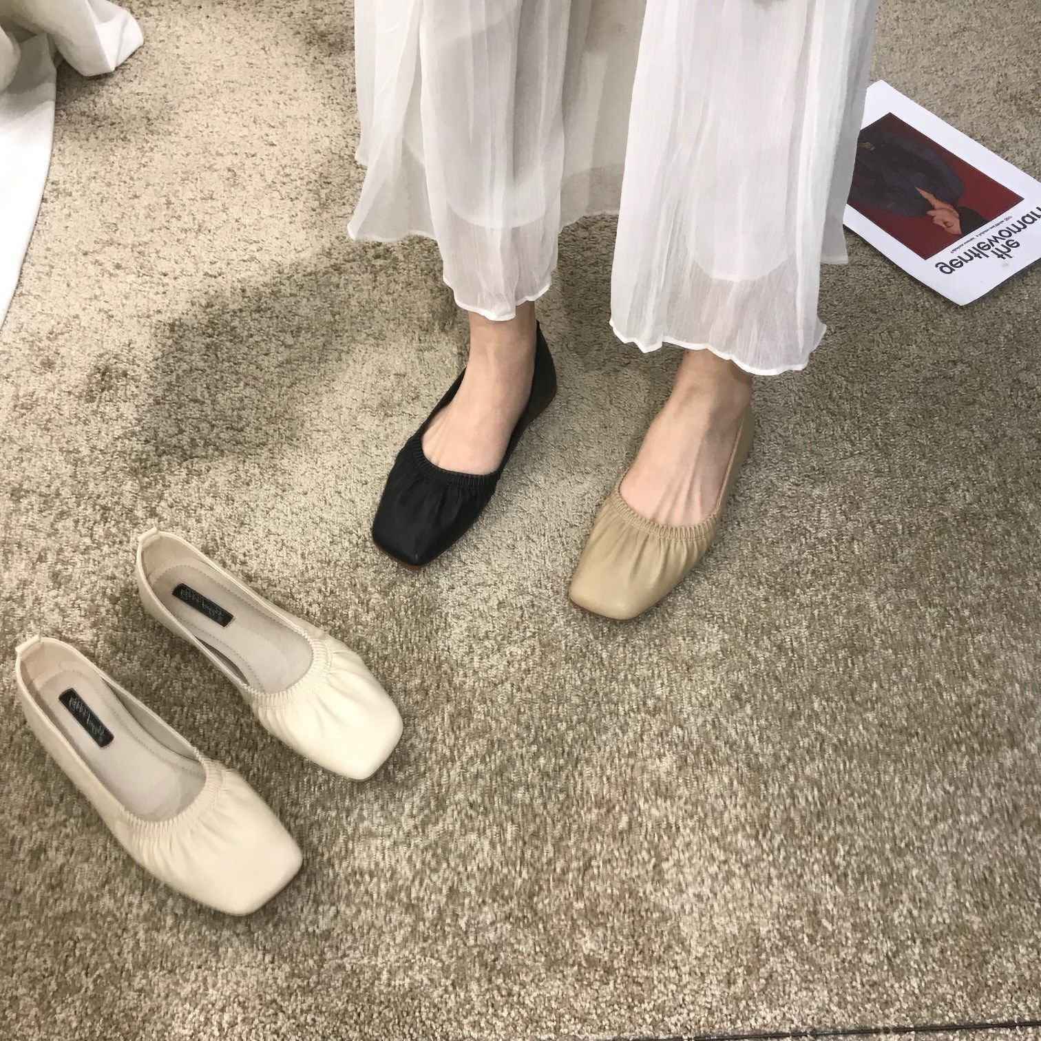 ITSK shoes women's single shoes square toe shallow soft bottom flat commuter women's shoes Peas shoes