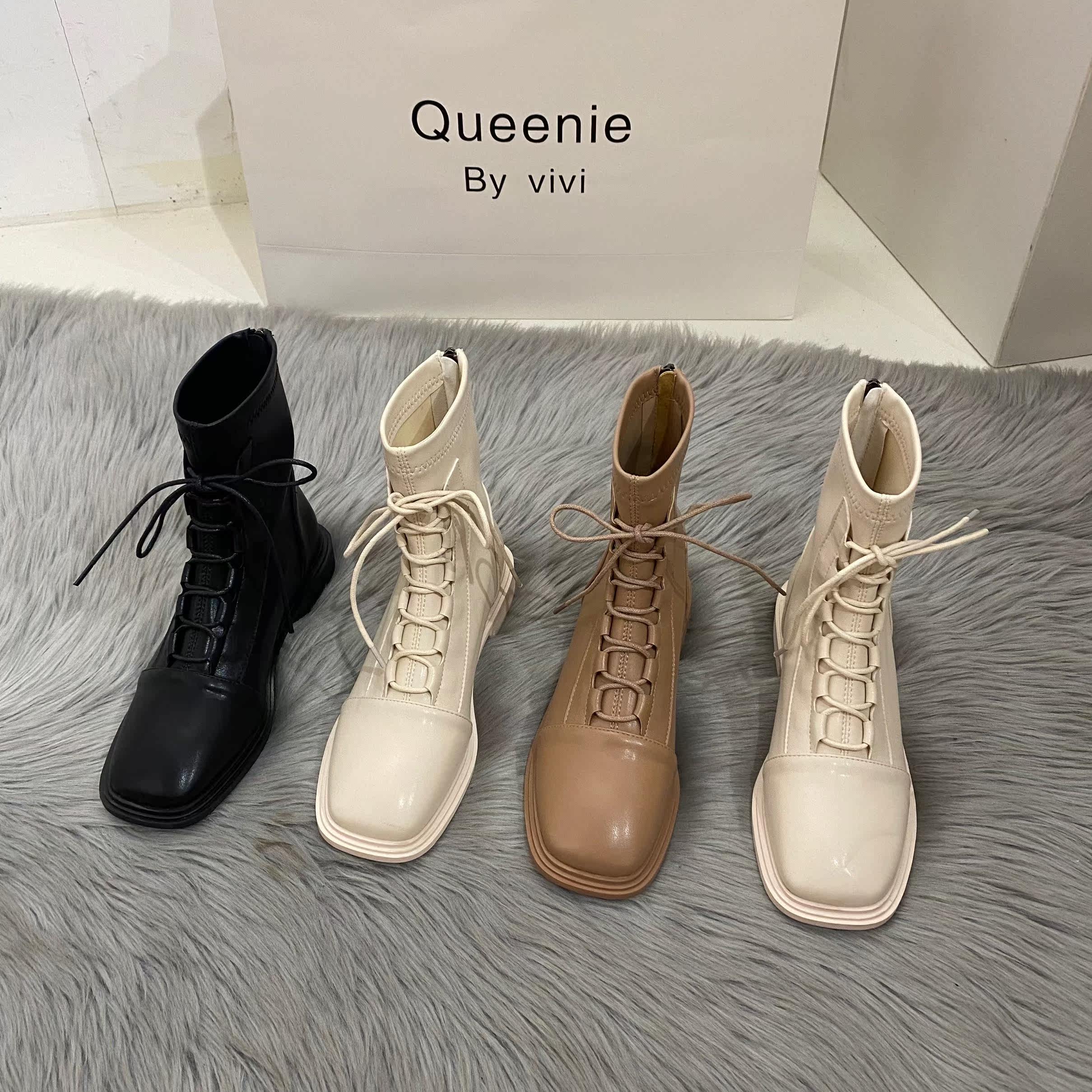 ITSK Martin boots women's British style soft leather lace-up black ankle boots