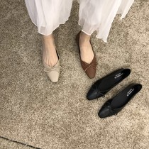 ITSK shoes womens single shoe square head shallow mouth butterfly knot flat bottom womens shoes black bean-bean shoes