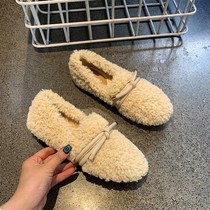 ITSK Hairy Shoes Woman Winter Outwear With Thick Base Lamb Wool Bean Shoes Garneled Cotton Shoes