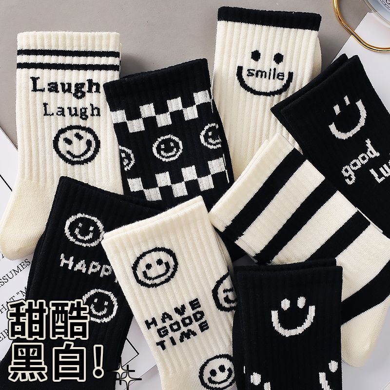 Black Long Socks for Women, Spring and Summer Mid-Calf Length, Internet Celebrity Hot Style ins Trendy High-Value Eye-Catching Street Style, White Smiley Face Socks