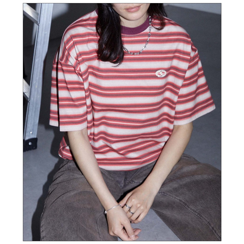 D Daily Order Unisex Loose Fit Pure Cotton Striped Short Sleeve T-Shirt Couple Style Top