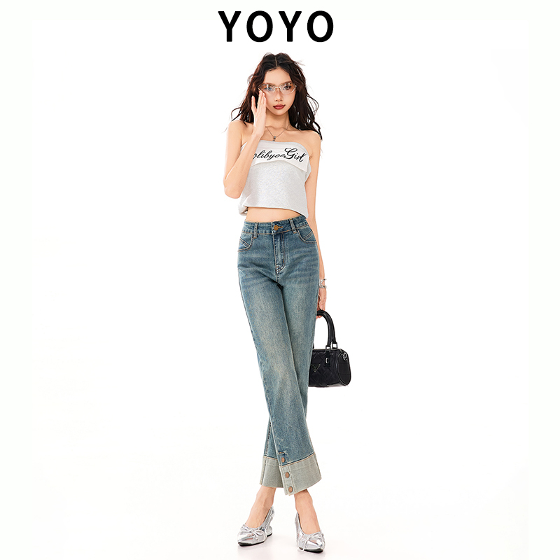 American Retro Rolled-Up Hem Jeans for Women, 2026 Spring New Style, Loose Drape Straight-Leg Slimming Cuffed Cropped Pants