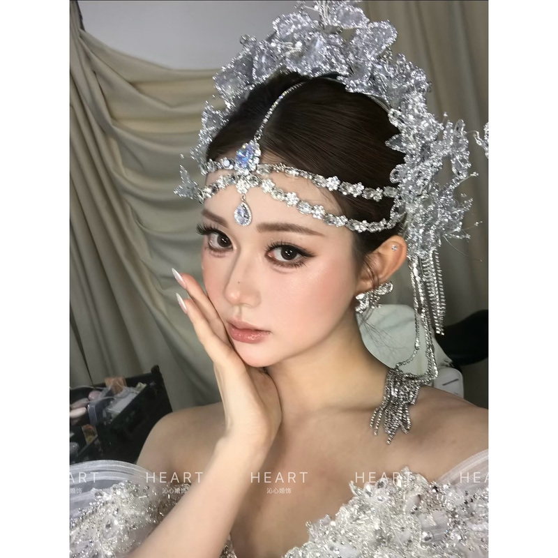 Tm｜Silver-Tone Crushed Diamond Crown Side Chain Bridal Headpiece Set