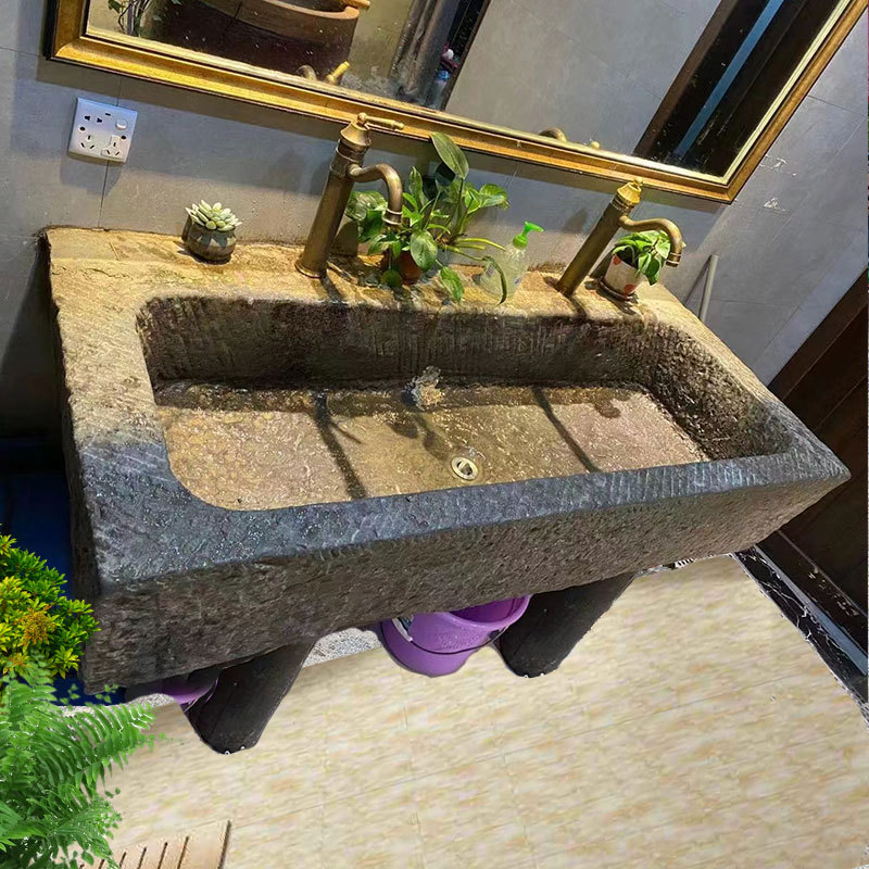 Old Stone Trough Washbasin with Solid Wood Stand, Washbasin Pedestal, Old Stone Mill Outdoor Stone Sink, Courtyard Round Mop Sink Old Stone Trough Washbasin with Solid Wood Stand, Washbasin Pedestal, Old Stone Mill Outdoor Stone Sink, Courtyard Round Mop Sink