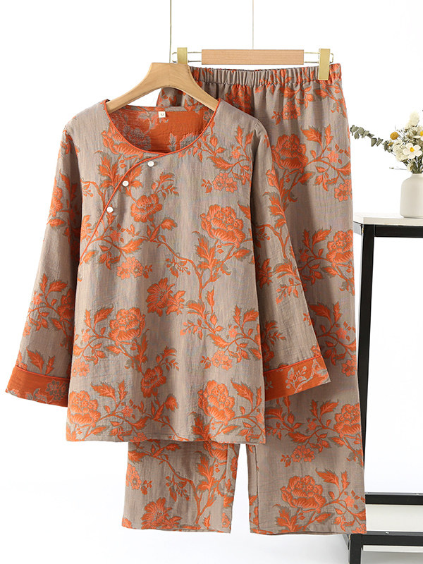 New Chinese Style Spring and Summer Pure Cotton Yarn-Dyed Gauze Pajamas for Women, Nine-Point Diagonal Placket Jacquard Mid-Length Loungewear Set