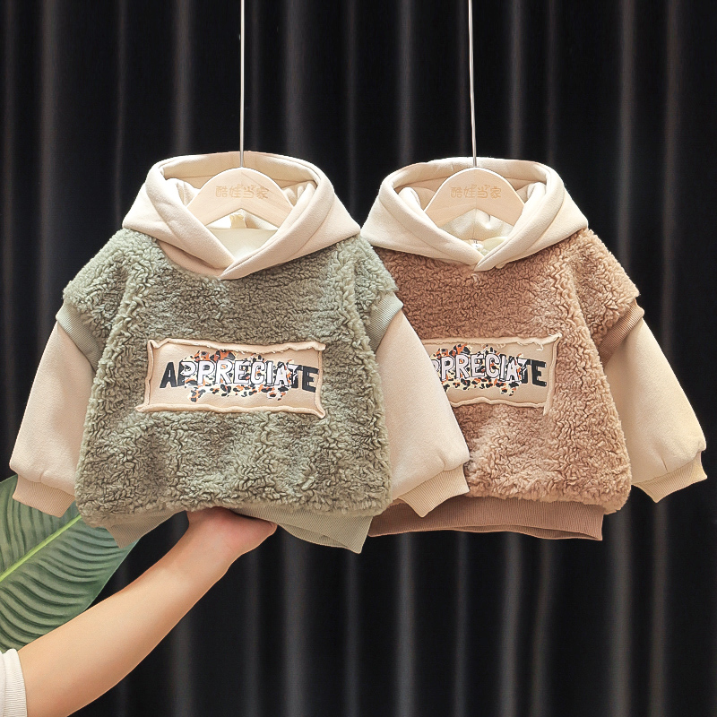 Boy Clothing Boy Lian Hat Sportswear Baby Plus Suede Thickened Hooded Cardiovert Child Korean version of the winter clothing Jacket Tide