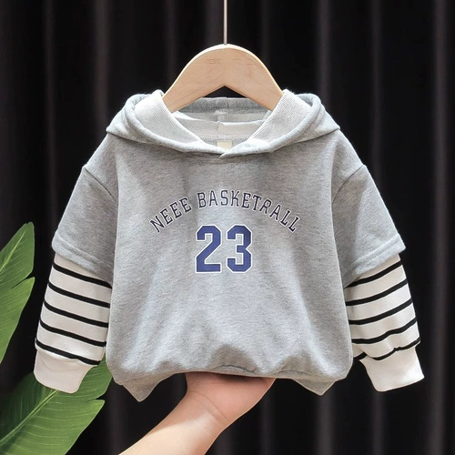 Весенне-осенняя искусственная толстовка с капюшоном из двух частей для мальчиков, новинка 2025 года, новый стиль для младенцев и детей младшего возраста, модные топы в западном стиле в корейском стиле