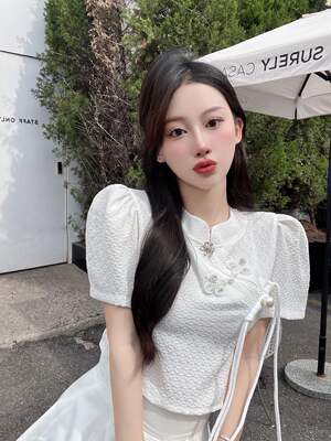 2026 Summer New niche design retro Chinese-style cheongsam button-up puffed-sleeve shirt women's short top