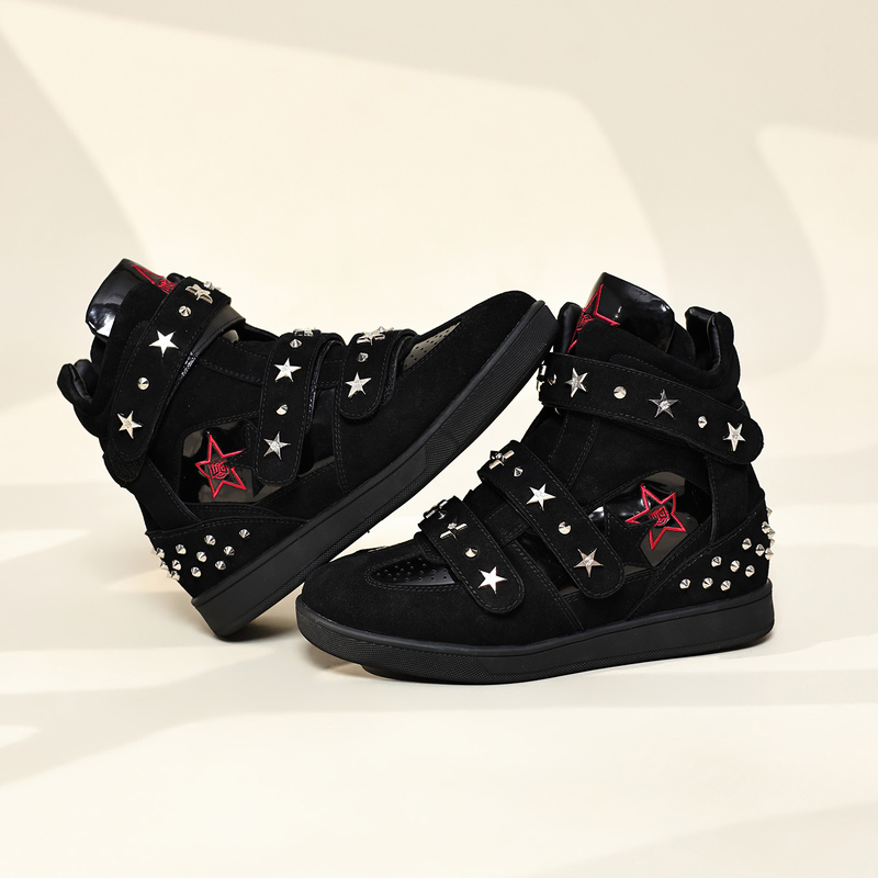 Dark High-Top Sneakers for Men and Women, Street Style with Star Studs, 2026 New Model, 5cm Height Increase, Velcro Shoes, Trendy