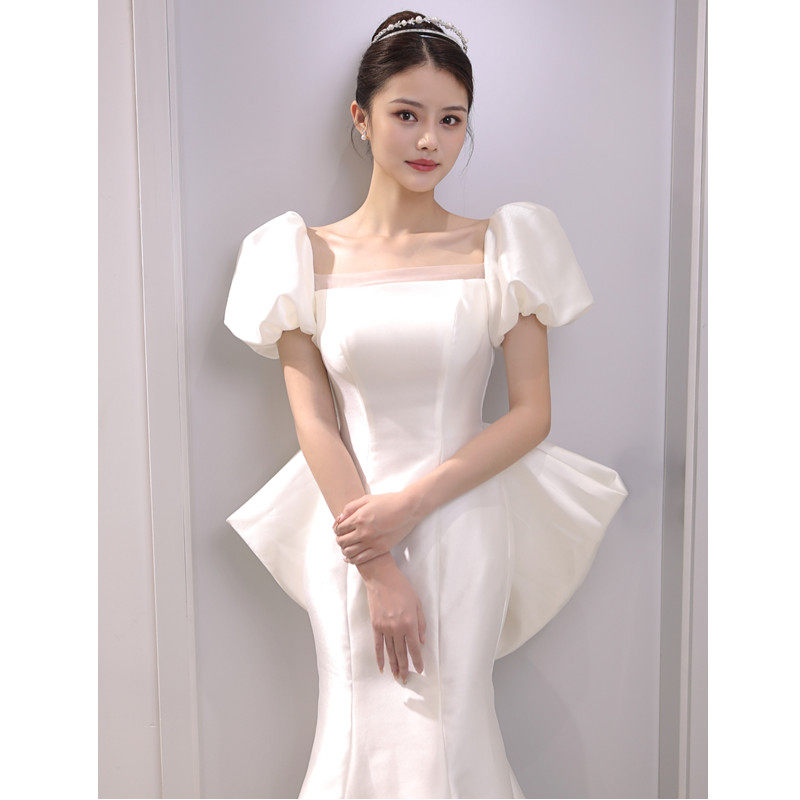 Satin light wedding dress 2023 new fishtail French style travel photography super fairy temperament white slimming big bowknot dress