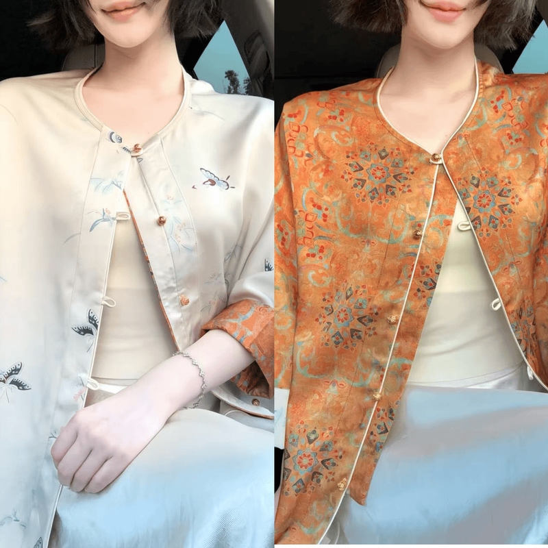 【Shandao and Coffee】Reversible Jacket, Fashionable Sun Protection, Complexion-Enhancing Top, Elegant Women's Long-Sleeved Loose-Fitting New Chinese Style