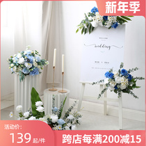 Blue wedding arrangement floral flower row event celebration welcome area decoration fake flower water brand hanging flower road guide Flower Ball