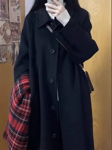 Демисезонное длинное черное шерстяное пальто, в корейском стиле, подходит для подростков, изысканный стиль