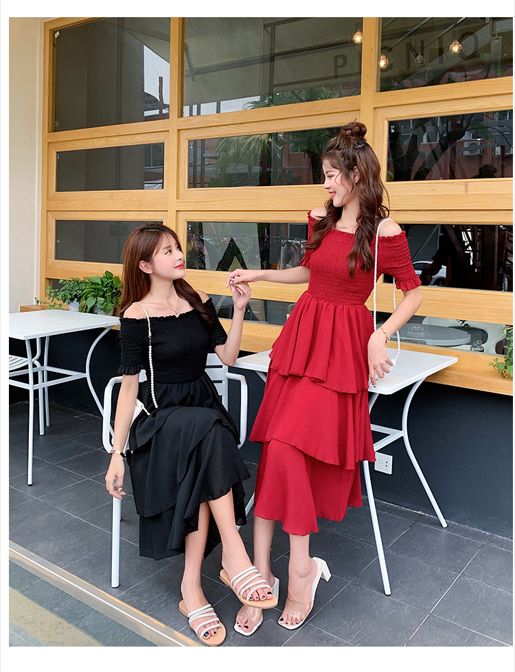 VK旗艦店 韓系一字領露肩蛋糕裙短袖洋裝