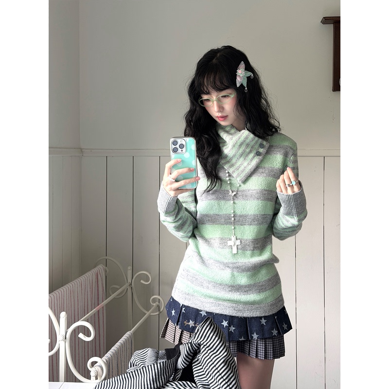 Geng Dou Story*Ruoye Puteng* Detachable Fur Collar Green Striped Sweater Top Korean Style Casual Knitwear