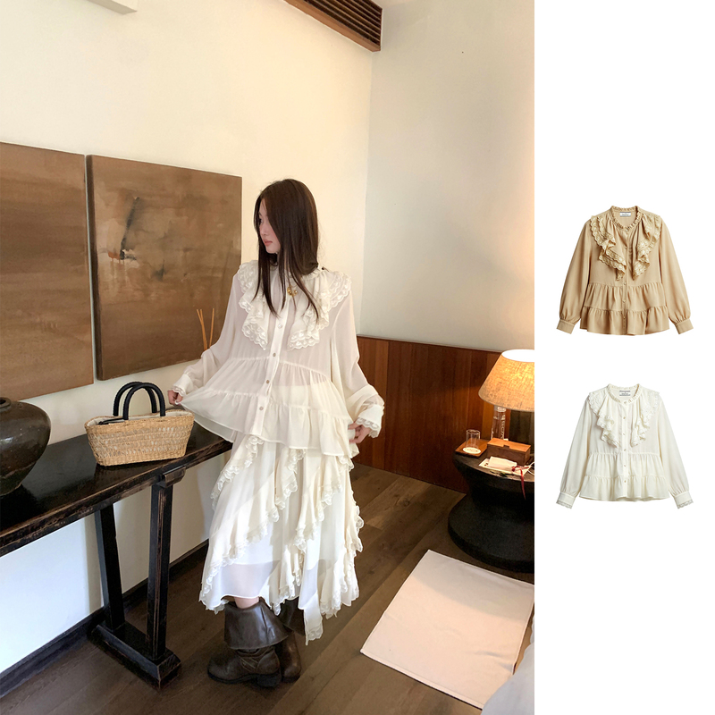 [New Product] Andanything Designer Pearl Chiffon Lace Trim Shirt Dearsocute Buyer's Store