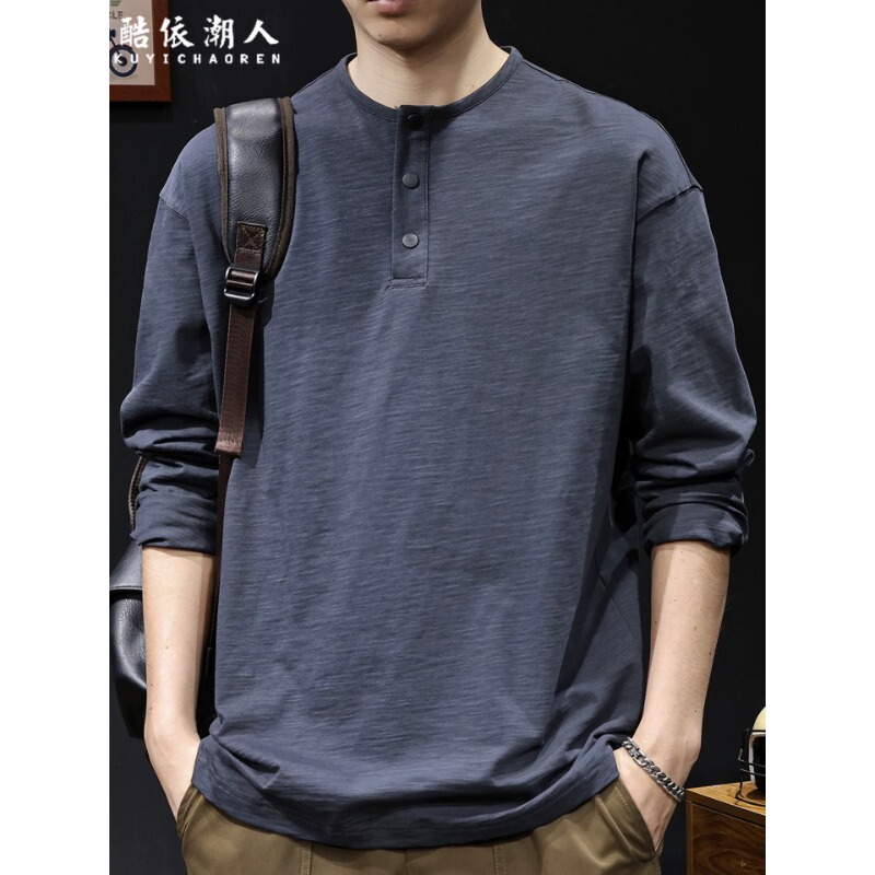 Bamboo Cotton Spring 2026 New Long-Sleeve T-Shirt for Men, American Retro Heavyweight Oversized Henry Collar Inner Wear Trendy