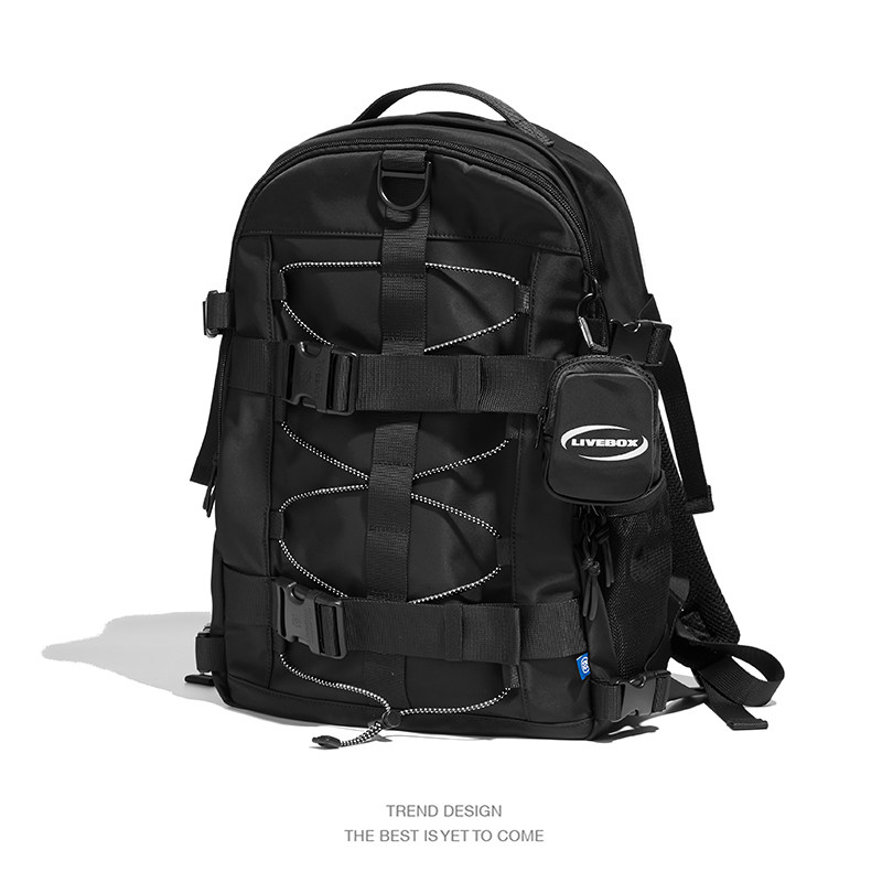 LIVEBOX University Student School Bag Men's Chains Tide Cool Large Capacity High School Students Double Shoulder Bag Day Series Computer Black SHOULDER BAG