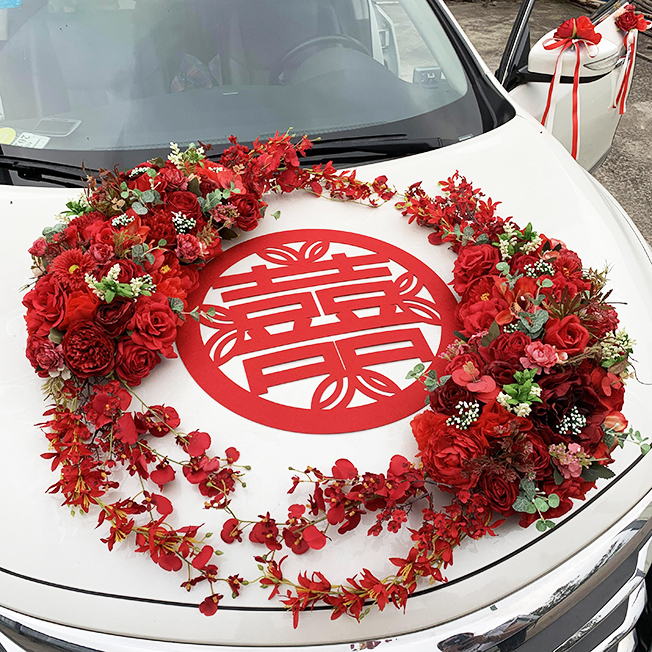 (Hi square) Shuangyue Shuangxi simulation flower decoration wedding car float decoration full set of main car head happy word stickers