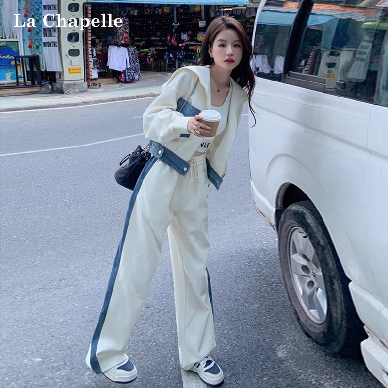 La Chapelle's New Autumn Fashion Casual Suit for Women, Sailor Collar Sweatshirt and Sweatpants, Tweed Style Two-Piece Set
