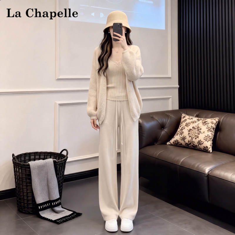 La Chapelle Korean-Style Lazy Camisole Cardigan Jacket Wide-Leg Three-Piece Set Autumn Relaxed Casual Sports Suit