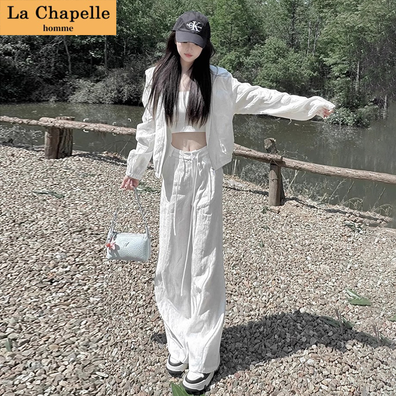 La Chapelle Summer Outfit Hooded Sun Protection Shirt Wide-Leg Pants Fashionable Casual Three-Piece Set White Sporty Style Suit