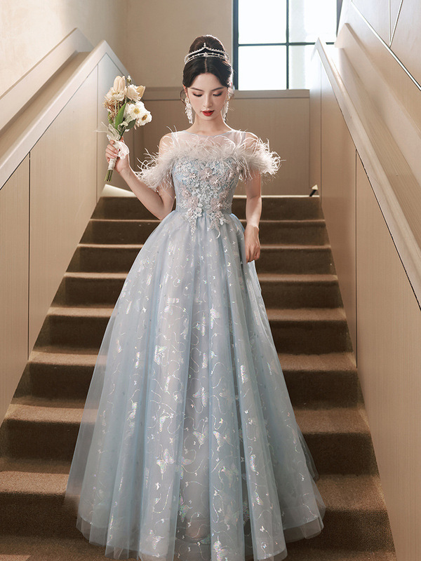 Blue Evening Dress 2023 New Style Banquet Elegant Light Luxury Niche Fairy-Like Host Performance Elegant Bridesmaid Dress