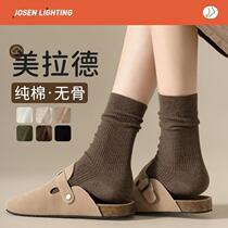 Socks womens mid-calf socks pure cotton spring and autumn brown Maillard pile socks with small leather shoes Birkenstock shoes autumn and winter stockings